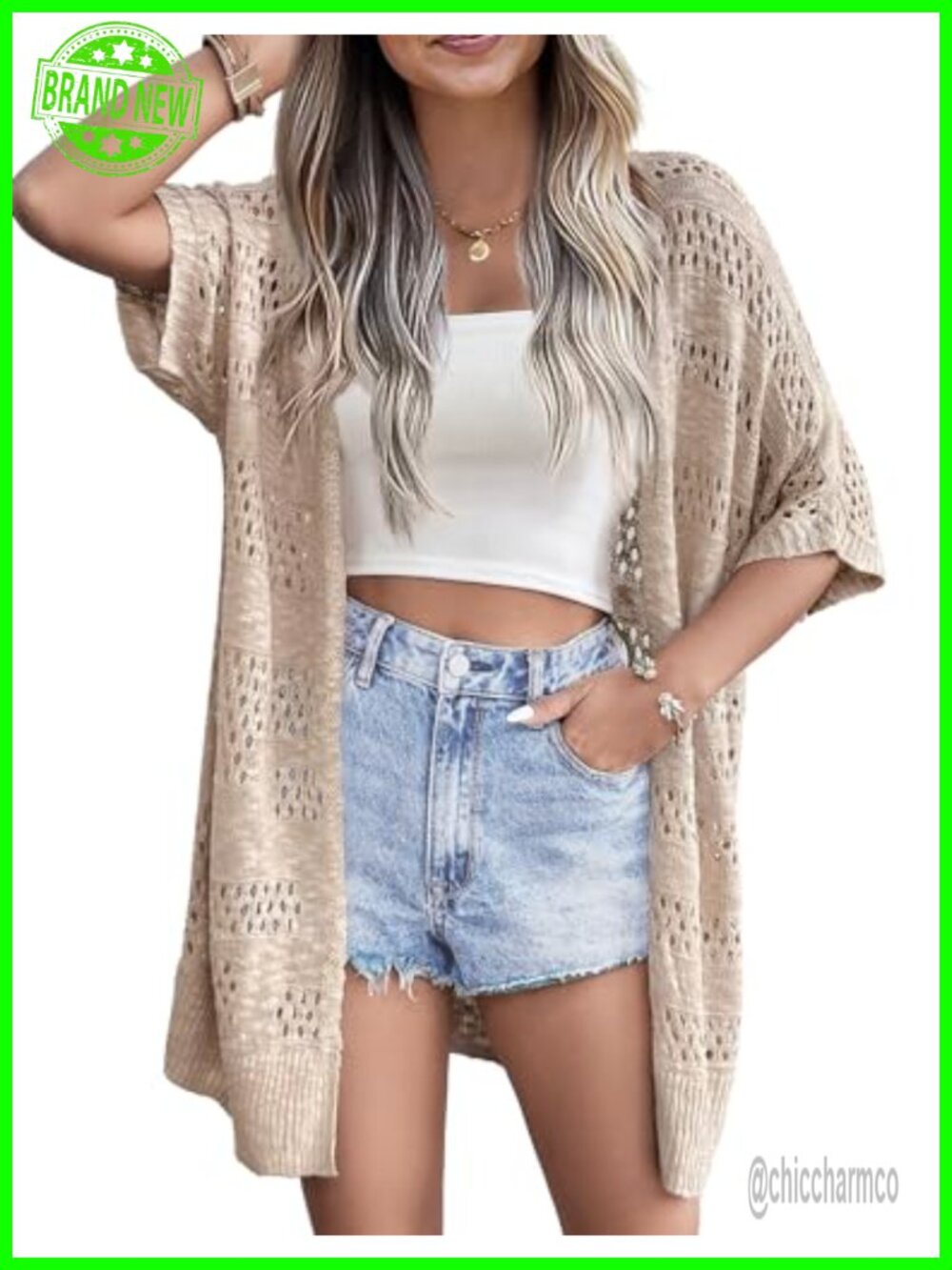 Crochet Cardigan Open Front Short Sleeve Lightweight Summer